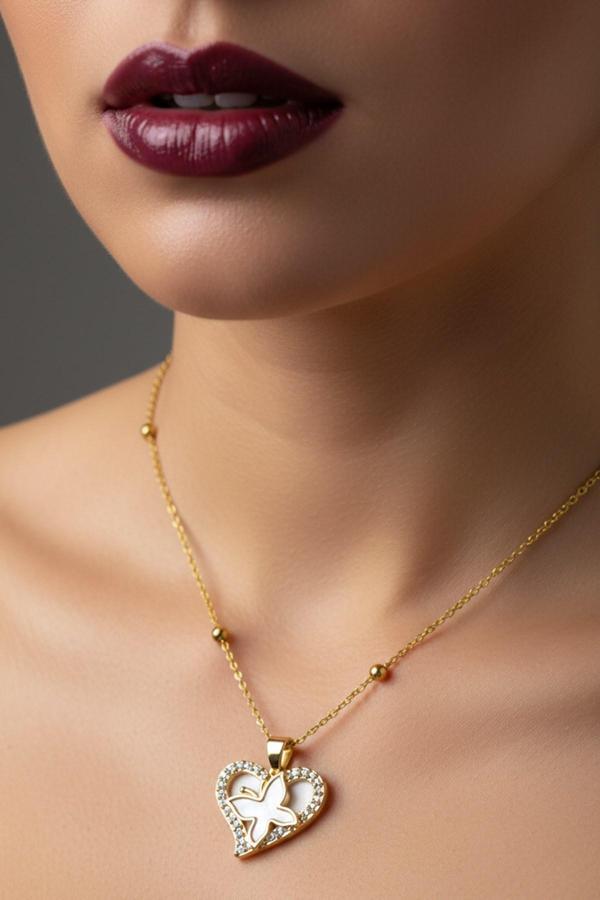 Altın Renk Beyaz Sedef Kalp Kelebek Model Top Zincir Çelik Kolye- 3725 - Image 1