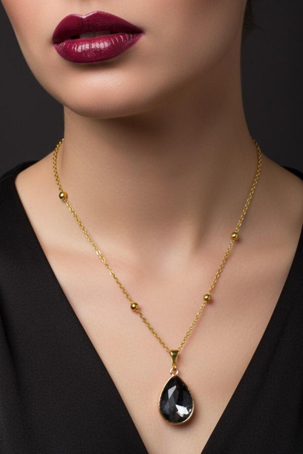 Altın Renk Füme Damla Model Top Zincir Çelik Kolye- 3731 - Image 1