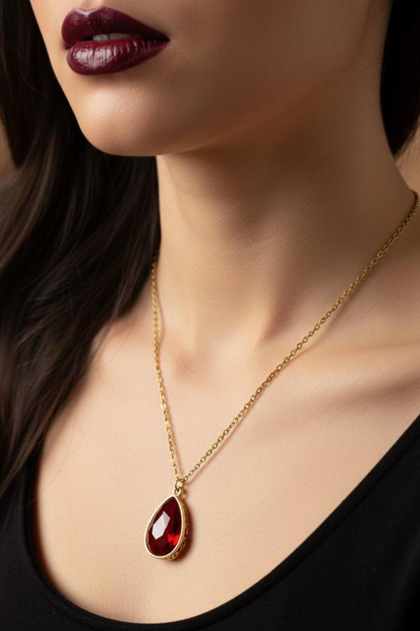Altın Renk Bordo Damla Model Sf Zincir Çelik Kolye- 3733 - Image 1