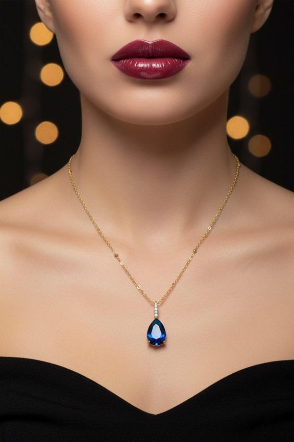 Altın Renk Sıra Taşlı Lacivert Damla Model  Sf  Zincir Çelik Kolye - 3748 - Image 1