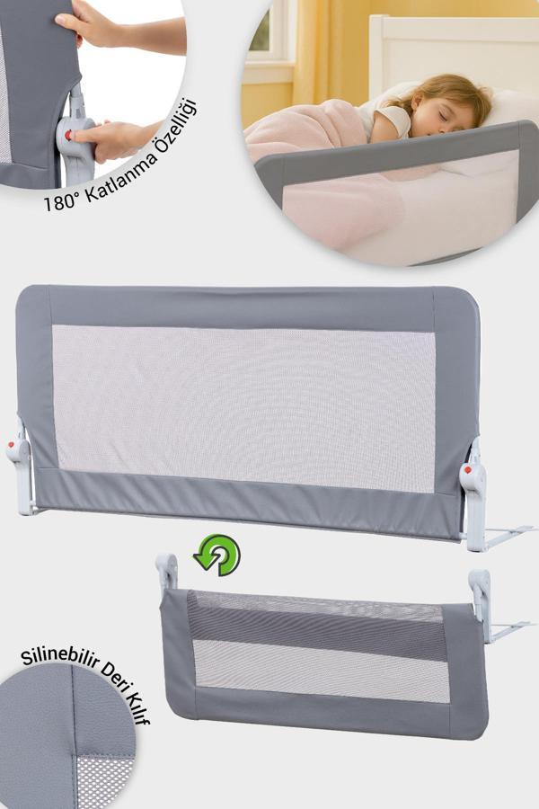Wellgro Premium 120x65 cm Deri Kılıflı Yatak Bariyeri, Katlanır Yatak Korkuluğu, Gri - Image 1
