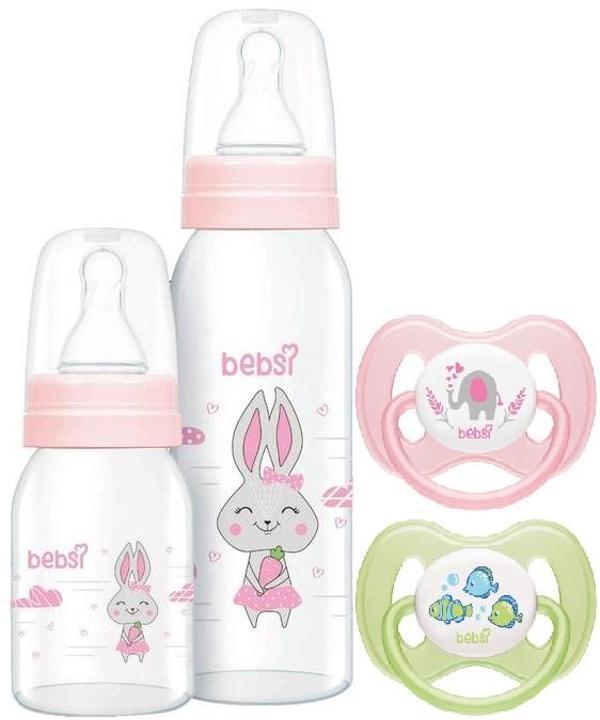 Bebsi Cam Biberon Seti Pembe (250ML+125ML)+Emzik Ortodontik Damaklı Kelebek No:1 (2 Li PK) 4 Lü Set - Image 1