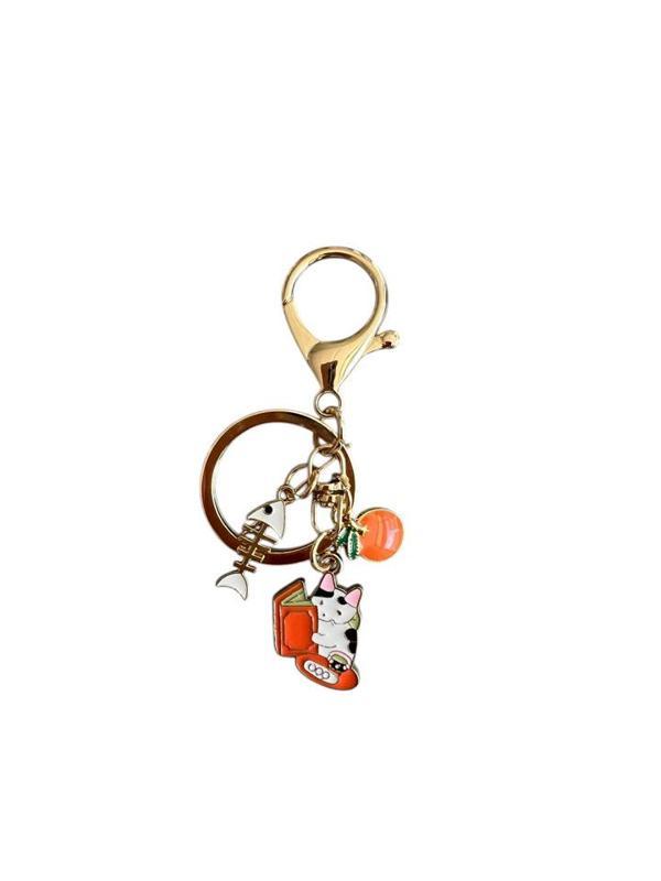 Balıklı Kitapsever Kedi Metal Charm Anahtarlık - Image 1