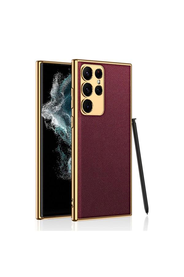 Safa Galaxy S23 Ultra Uyumlu Deri Görünümlü Kenarları Elektroplating Kaplama Zore Fizyon Kılıf-Kı - Image 1