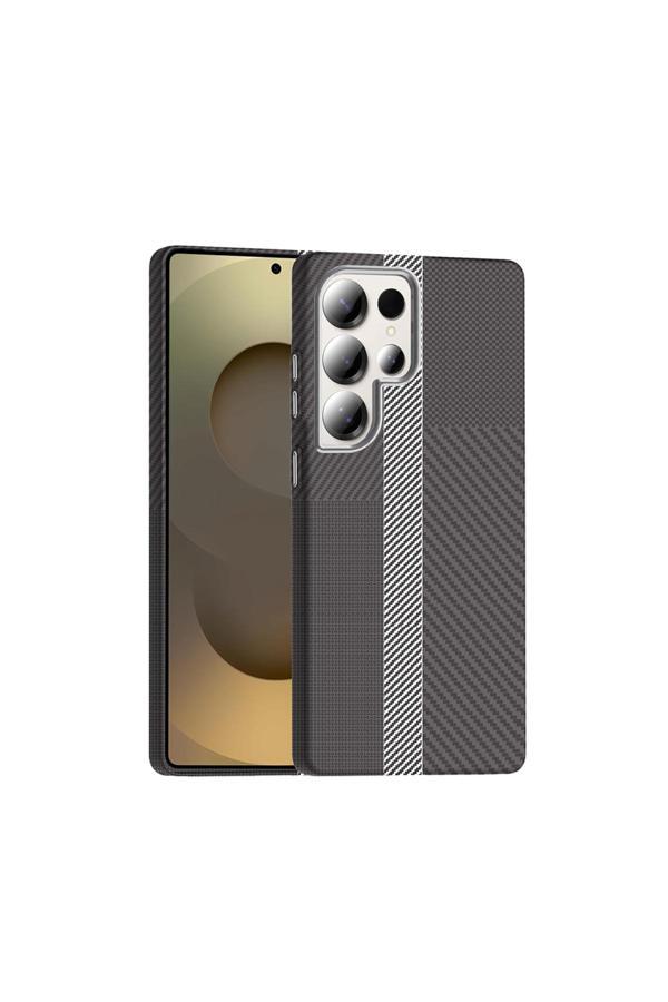Ardemix Galaxy S25 Ultra Kılıf M-Safe Şarj Özellikli Karbon Fiber Görünümlü Rntc Gros Kapak - Gri-Siyah - Image 1