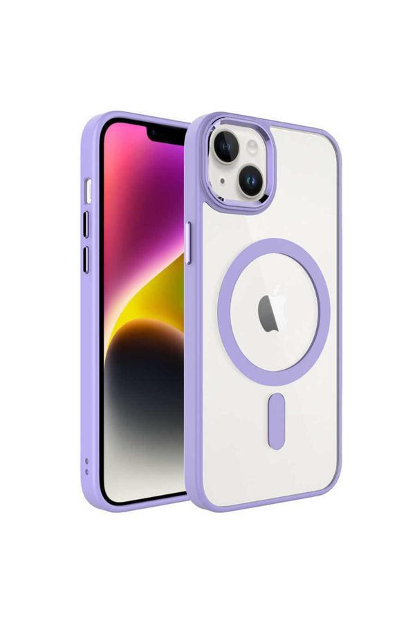 Safa İphone 14 Uyumlu Wireless Şarj Özellikli Zore Krom Magsafe Silikon Kılıf-Lila - Image 1