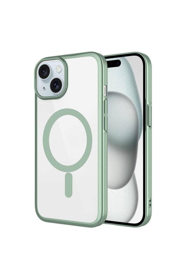 Safa İphone 15 Plus Uyumlu Wireless Şarj Özellikli Sert Pc Zore Mat Riksos Magsafe Kılıf-Yeşil - Image 1