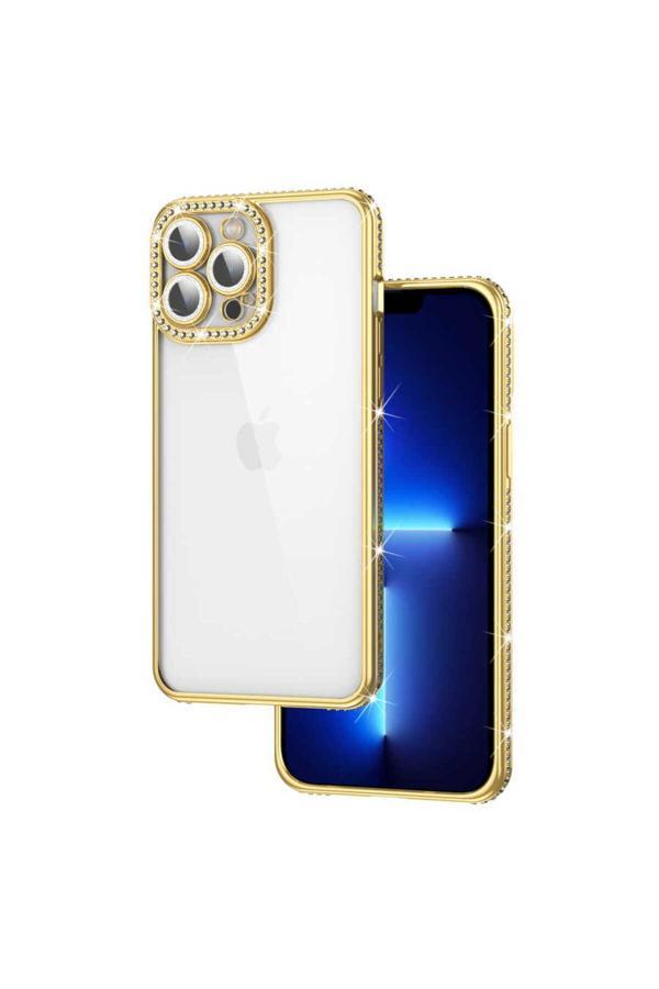 Zore İphone 12 Pro Uyumlu Kamera Korumalı Taşlı Zore Mina Kılıf-Gold - Image 1