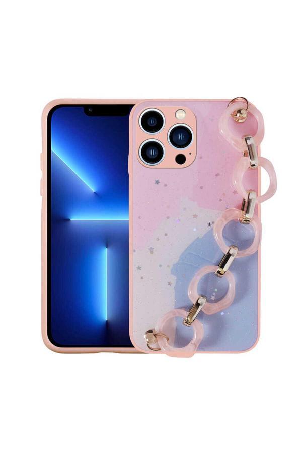 Zore İphone 12 Pro Uyumlu Simli Desenli El Askılı Tutacaklı Elsa Silikon Kılıf-Pembe - Image 1