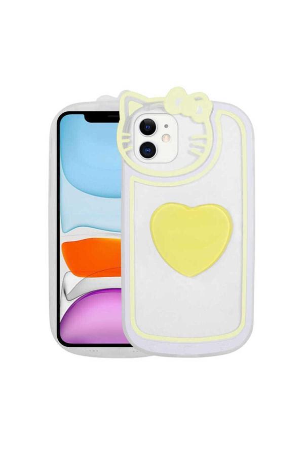 Zore İphone 12 Uyumlu Kedi Figürlü Transparan Pop Soketli Csk Ritmik Kılıf-Sarı - Image 1