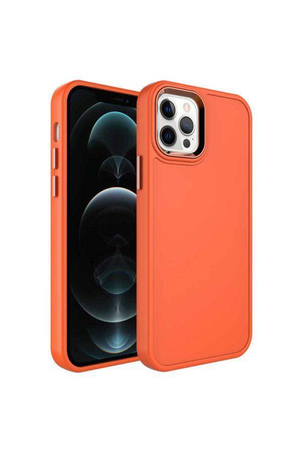 Zore İphone 12 Pro Uyumlu Metal Çerçeve Ve Buton Tasarımlı Sert Botox Kılıf-Turuncu - Image 1