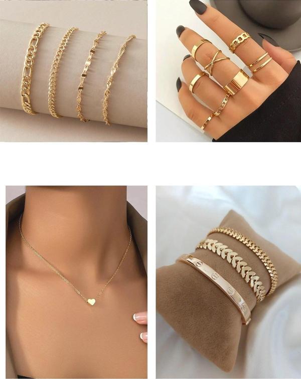 X-lady Accessories Altın Renk Kombin Sarmal Bileklik  10'lu Yüzük Kalp Sf Kolye Kartier Tırtıl Kılçık Bileklik- 2926 - Image 1