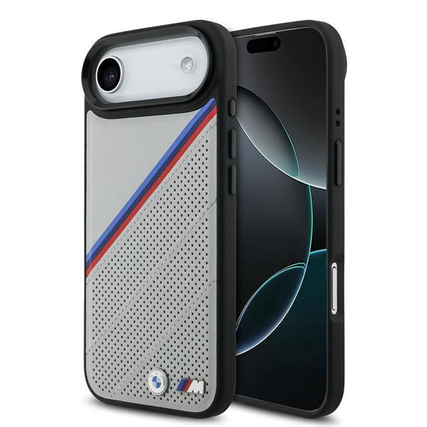 Bmw İphone 17 Air Kılıf Bmw Lisanslı M-Safe Şarj Özellikli M Logolu Üç Şeritli Delikli Deri Kapak Gri - Image 1