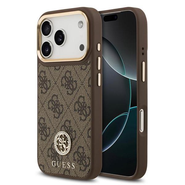Guess İphone 17 Pro Kılıf Guess Lisanslı M-Safe Şarjlı Gold Kamera Çerçeveli Taşlı 4G Logolu Kahverengi - Image 1