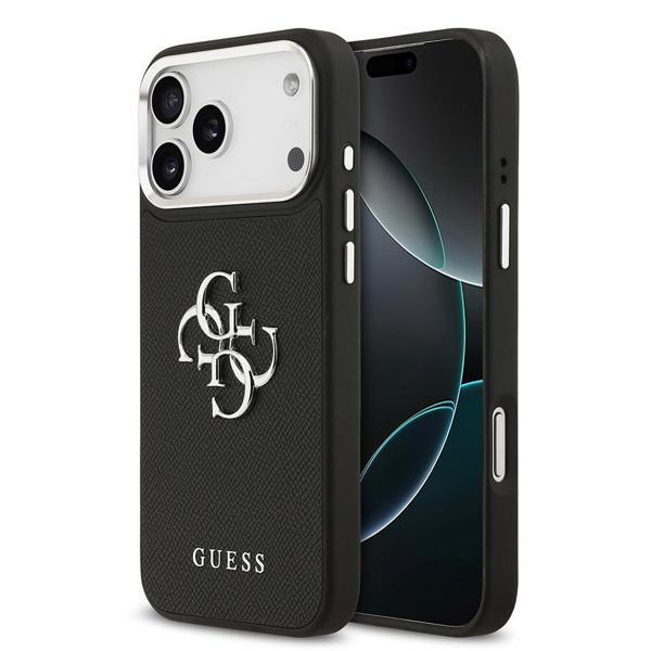 Guess İphone 17 Pro Max Kılıf Guess Lisanslı Metal Kamera Çerçeveli Büyük 4G Ve Yazı Logolu Pu Deri Siyah - Image 1