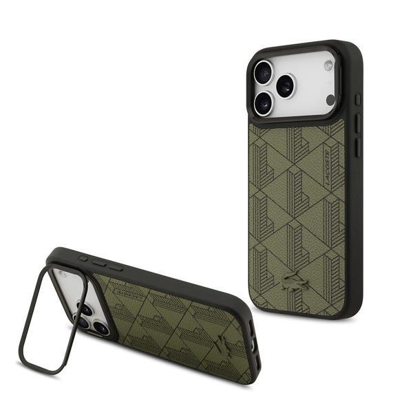 Lacoste İphone 17 Pro Max Uyumlu Kılıf Lacoste Lisanslı M-Safe Şarjlı Standlı Pu Deri Monogram Desenli Yeşil - Image 1