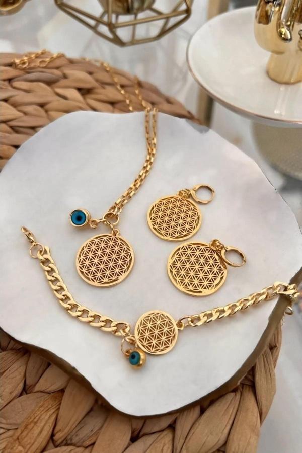 Bers Aksesuar Kadın Altın Kaplama Yeni Sezon Lüks Yaşam Çiçeği Model Kolye Bileklik Küpe Seti - Image 1