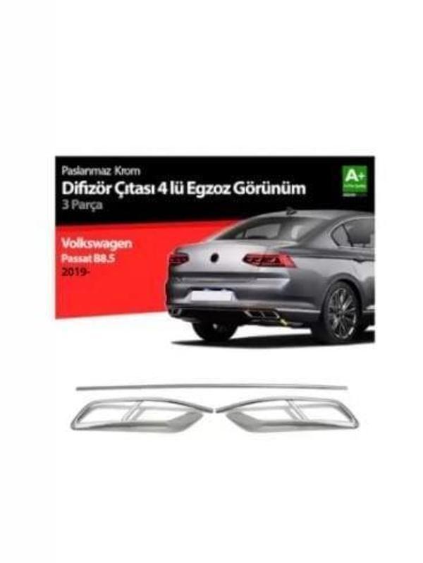 Volkswagen Passat B8.5 2019-2023 Uyumlu Yedek Parça 4'lü R Line 3 Parça Krom Egzoz Görünümü Çıta - Image 1