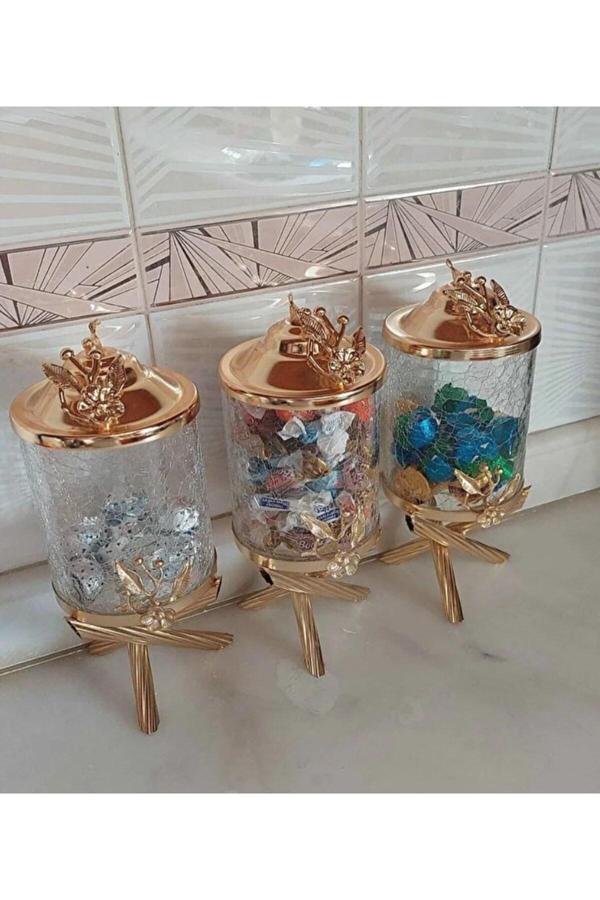 Azade Home Gold Pirinç Japongül Çatlak Cam Kavanoz 3’Lü Set - Image 1