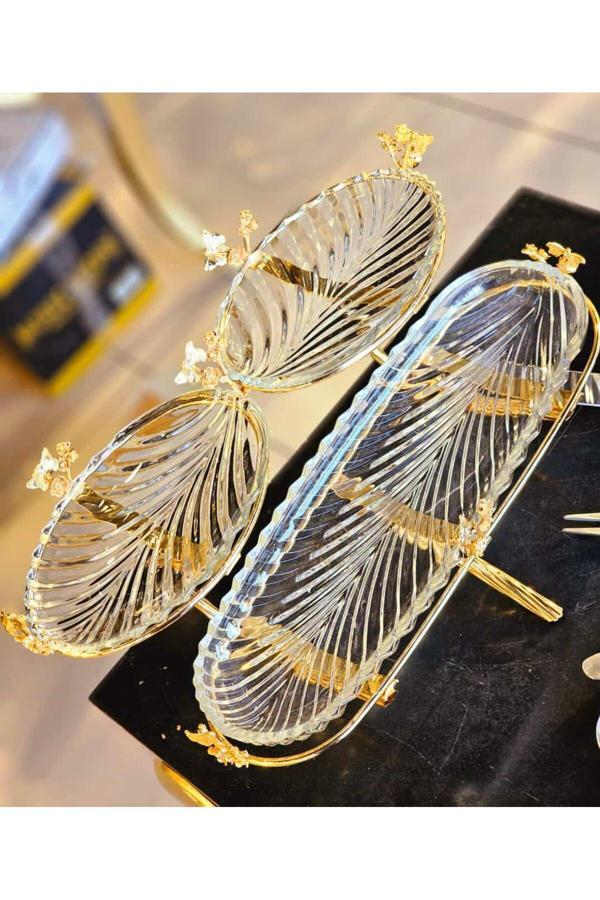 Azade Home 3 Camlı 2 Katlı Sunumluk Gold Renk Kelebekli - Image 1