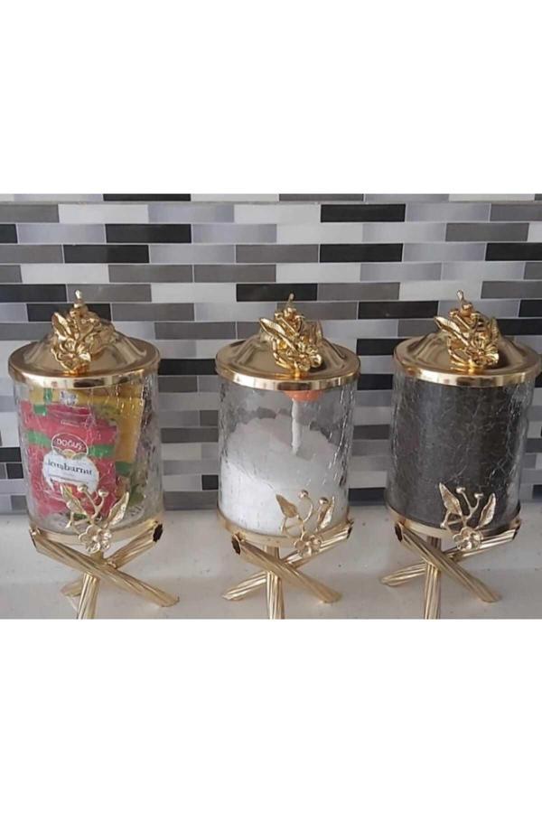 Azade Home Gold Pirinç Japongül Çatlak Cam Kavanoz 3’Lü Set - Image 1