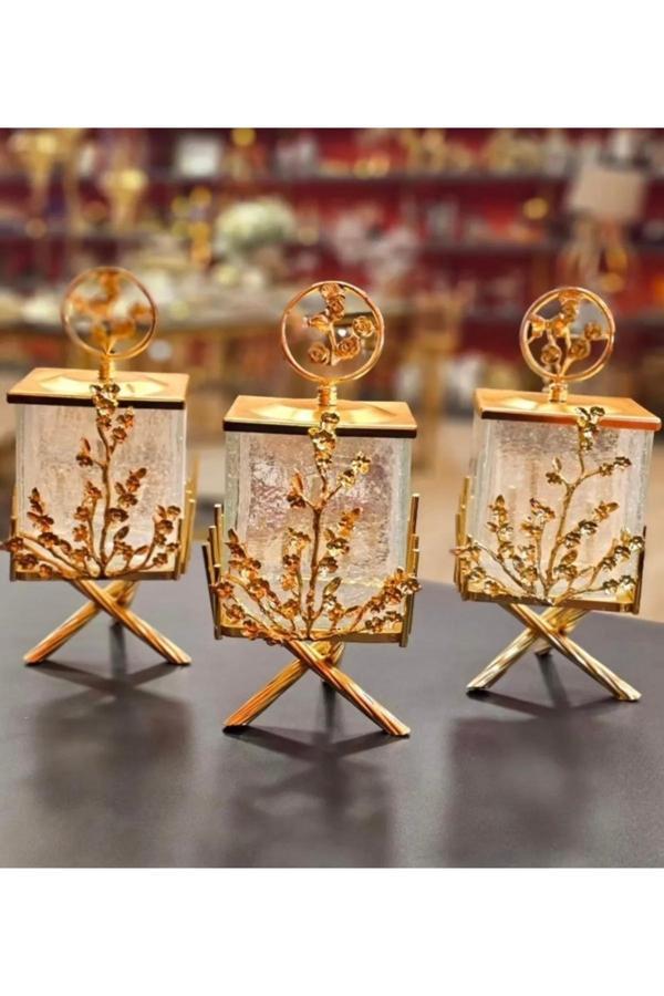 Azade Home Gold Pirinç Çok Çiçek Kare Kavanoz 3’Lü Set - Image 1