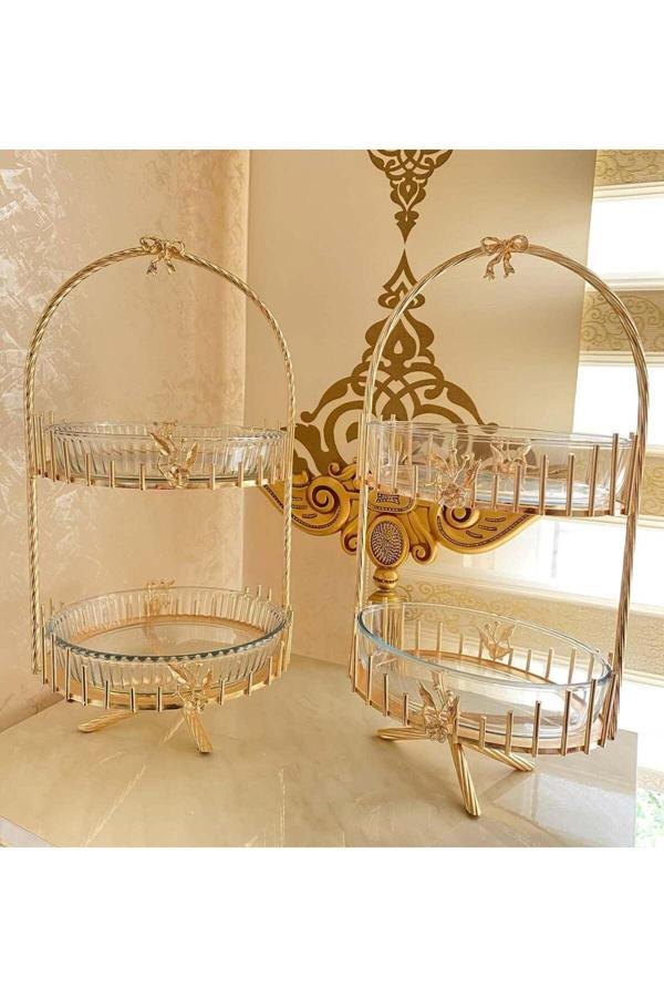 Azade Home Gold Pirinç Japongül Çubuk İki Katlı Borcam 2 Adet - Image 1