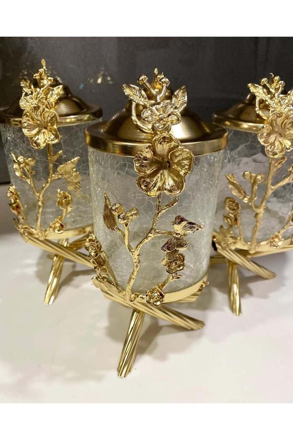 Azade Home Gold Pirinç Japongül Çatlak Cam Kavanoz 3’Lü Set - Image 1