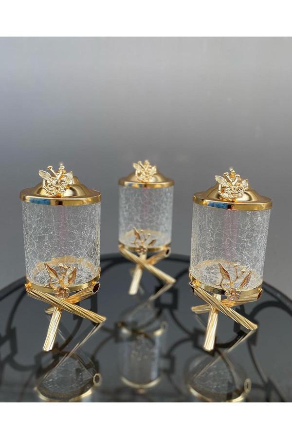 Azade Home Gold Pirinç Japongül Çatlak Cam Kavanoz 3’Lü Set - Image 1