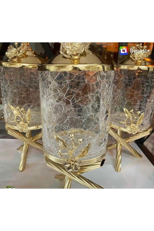 Azade Home Gold Pirinç Japongül Çatlak Cam Kavanoz 3’Lü Set - Image 1