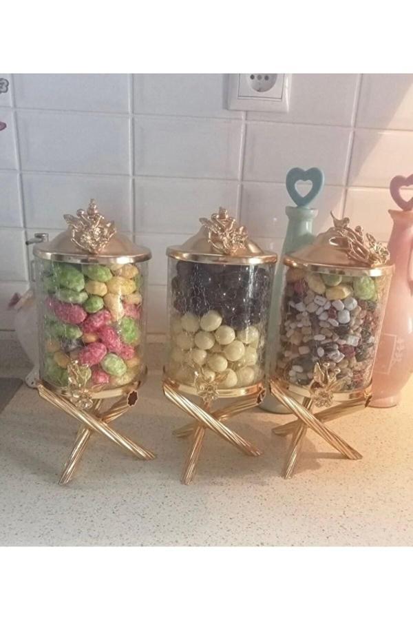 Azade Home Gold Pirinç Japongül Çatlak Cam Kavanoz 3’Lü Set - Image 1