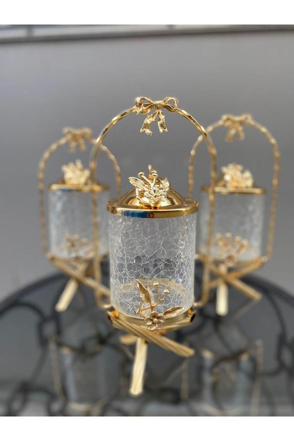 Azade Home Sepet Mini Çatlak Cam Desen Kavanoz Takımı Gold Renk - Image 1