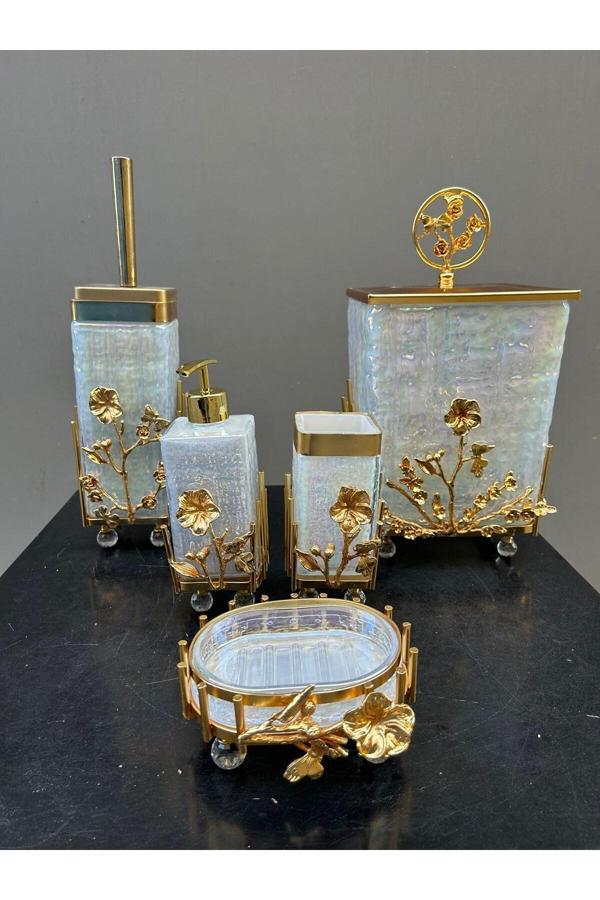 Azade Home Çiçekli Beyaz Cam Kare Banyo Set - Image 1