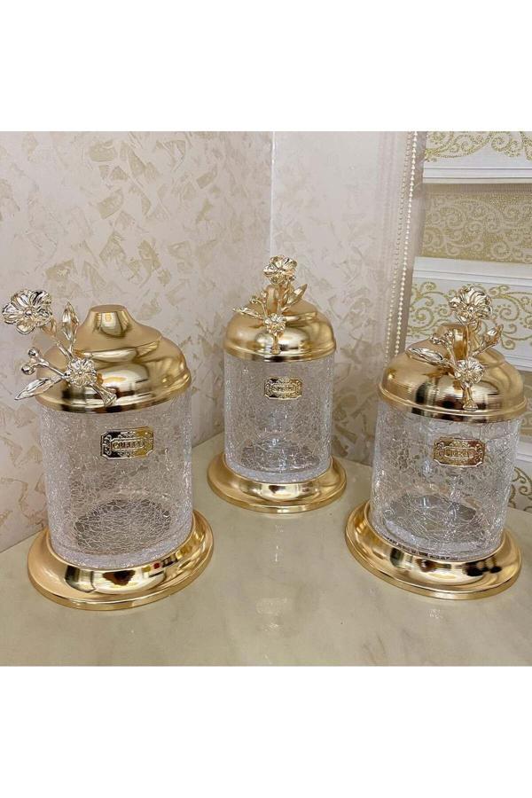 Azade Home Gold Pirinç Japongül Ayaksız 3’Lü Kavanoz Ve Midi Zikzak 6’Lı Cam Baharatlık 2’Li Set - Image 1