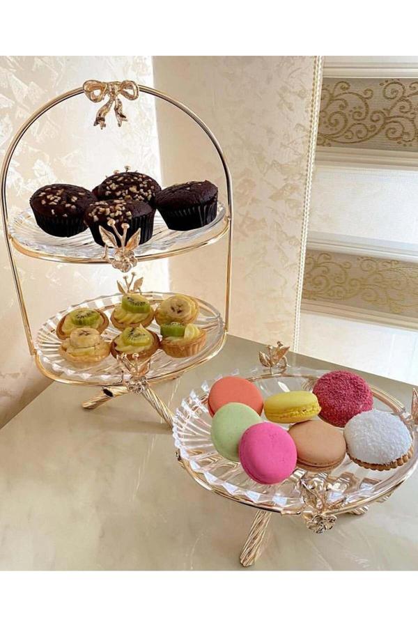 Azade Home Gold Japongül İki Katlı Cam Sunum Ve Tekli Cam Sunum İkili Set - Image 1