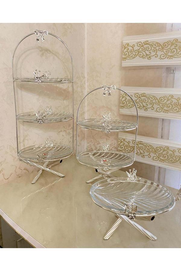Azade Home Gümüş Pirinç Japongül Üç Katlı Cam Sunum, İki Katlı Cam Sunum Ve Tekli Cam Sunum 3’Lü Set - Image 1