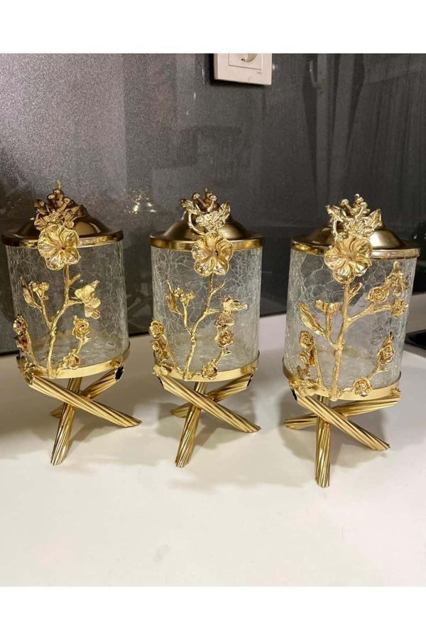 Azade Home Gold Pirinç Japongül Çatlak Cam Kavanoz 3’Lü Set - Image 1