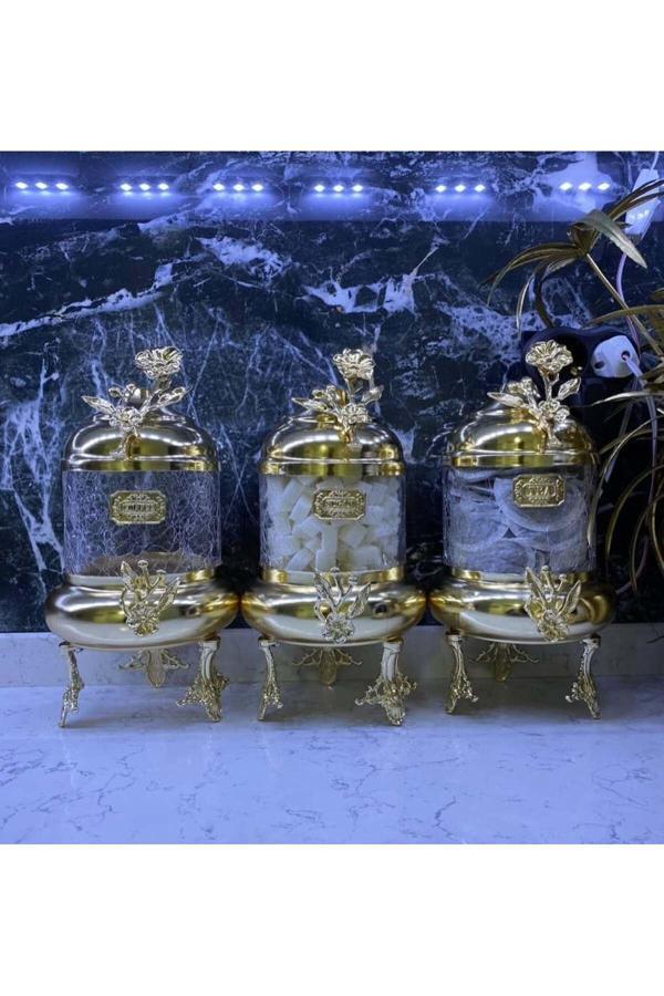 Azade Home Gold Pirinç Japongül Lüx Kavonoz 3’Lü Set - Image 1