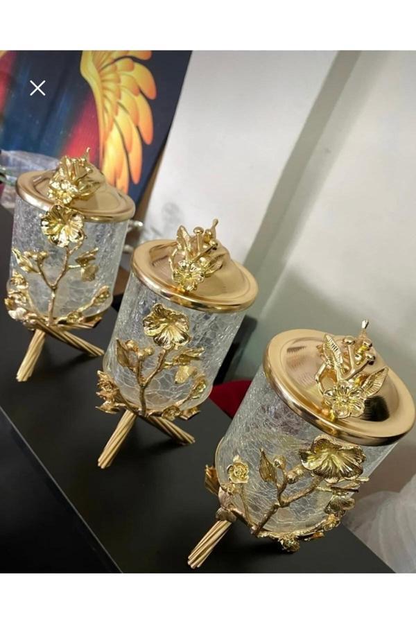 Azade Home Gold Pirinç Japongül Çatlak Cam Kavanoz 3’Lü Set - Image 1