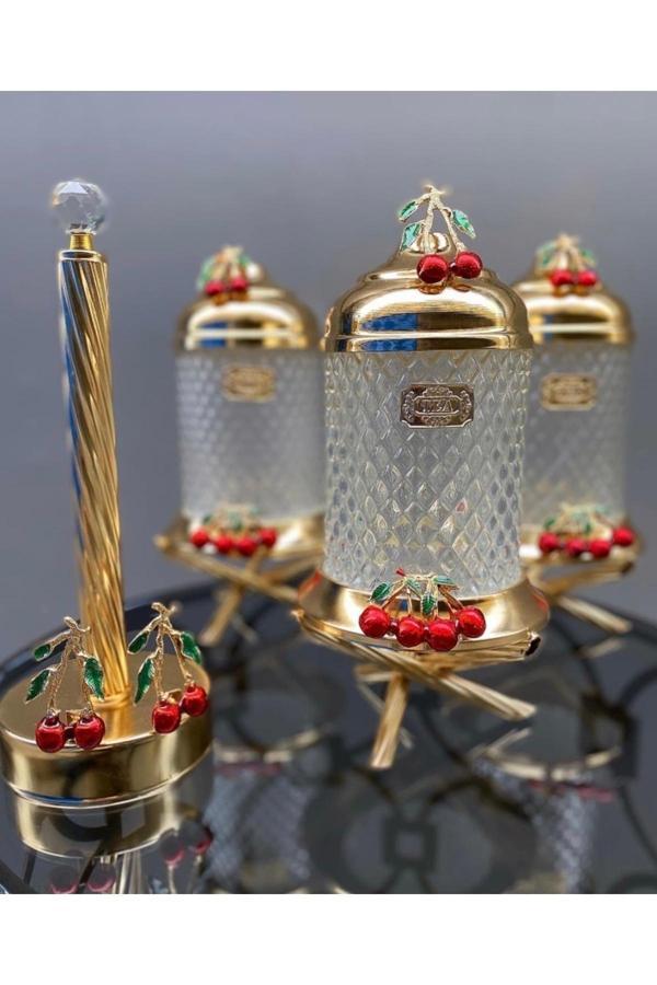 Azade Home Gold Pirinç Kirazlı Ayaklı Kristal Kavanoz 3’Lü Set Ve Kirazlı Rulo Havluluk 2’Li Set - Image 1