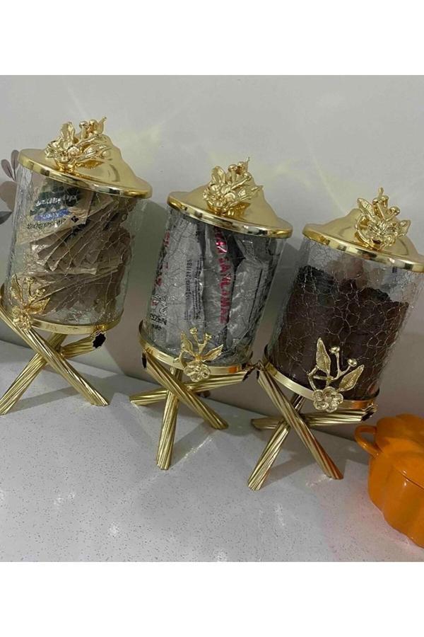 Azade Home Gold Pirinç Japongül Çatlak Cam Kavanoz 3’Lü Set - Image 1