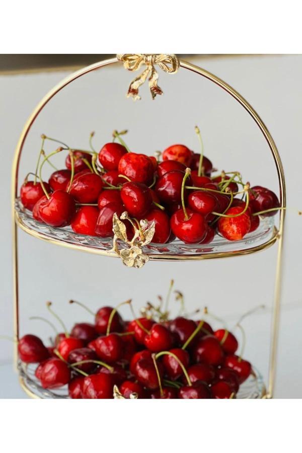 Azade Home Gold Japongül Pirinç İki Katlı Cam Sunum - Image 1
