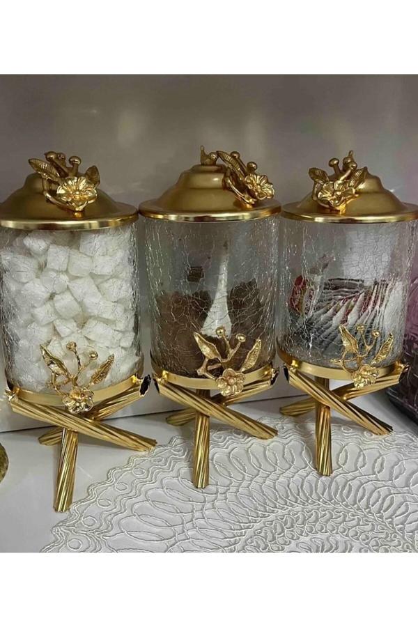 Azade Home Gold Pirinç Japongül Çatlak Cam Kavanoz 3’Lü Set - Image 1