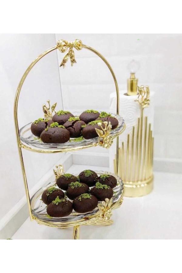 Azade Home Gold Japongül Pirinç İki Katlı Cam Sunum - Image 1