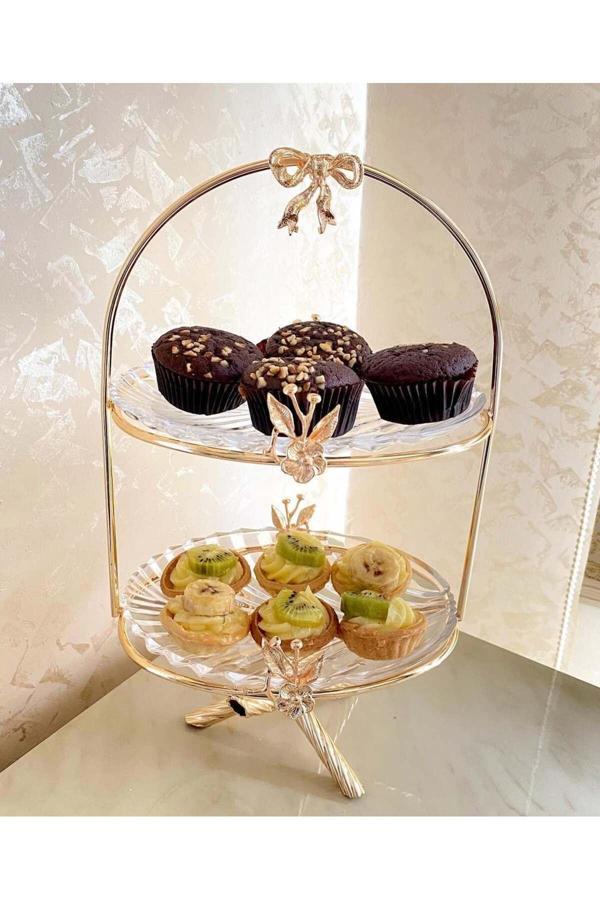 Azade Home Gold Japongül Pirinç İki Katlı Cam Sunum - Image 1