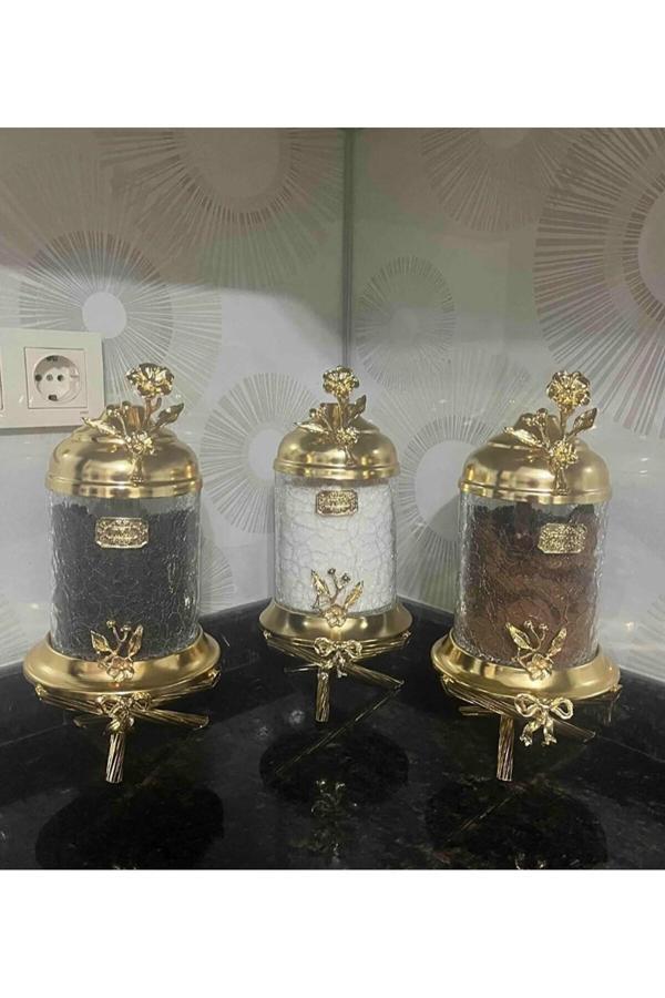 Azade Home Gold Japongül Pirinç Ayaklı Lüx Kavanoz 3’Lü Set - Image 1