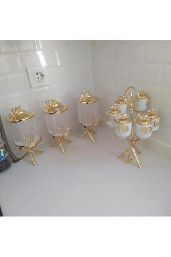 Azade Home Pirinç Japongül Mini Kristal 3’Lü Kavanoz, Zikzak 6’Lı Porselen 6’Lı Baharatlık Verulo 3’Lü Set - Image 1