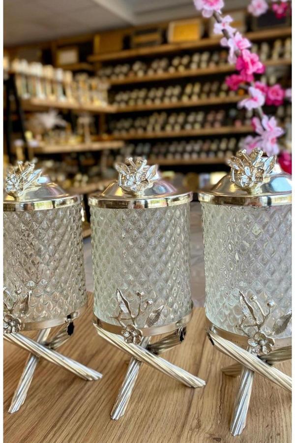 Azade Home Gümüş Renk Mini Kristal Kavanoz Set - Image 1
