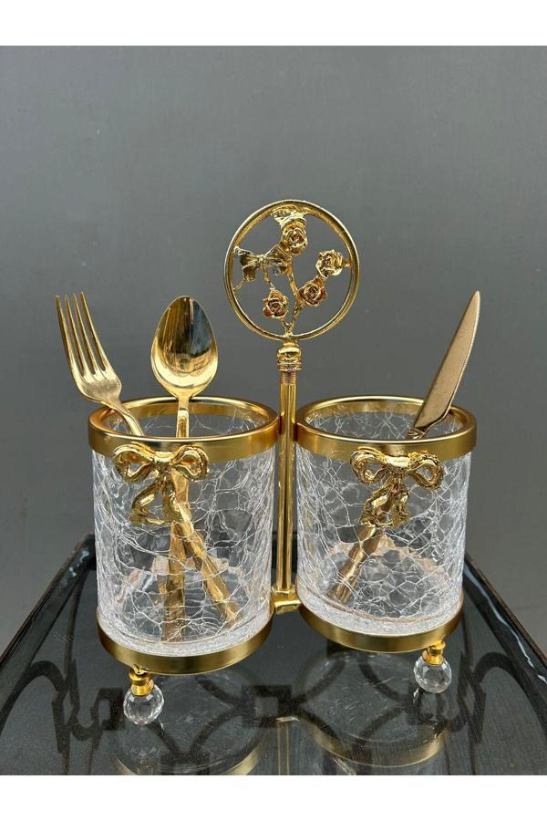 Azade Home Gold 2’Li Kurdeleli Kristal Ayak Cam Kaşıklık - Image 1