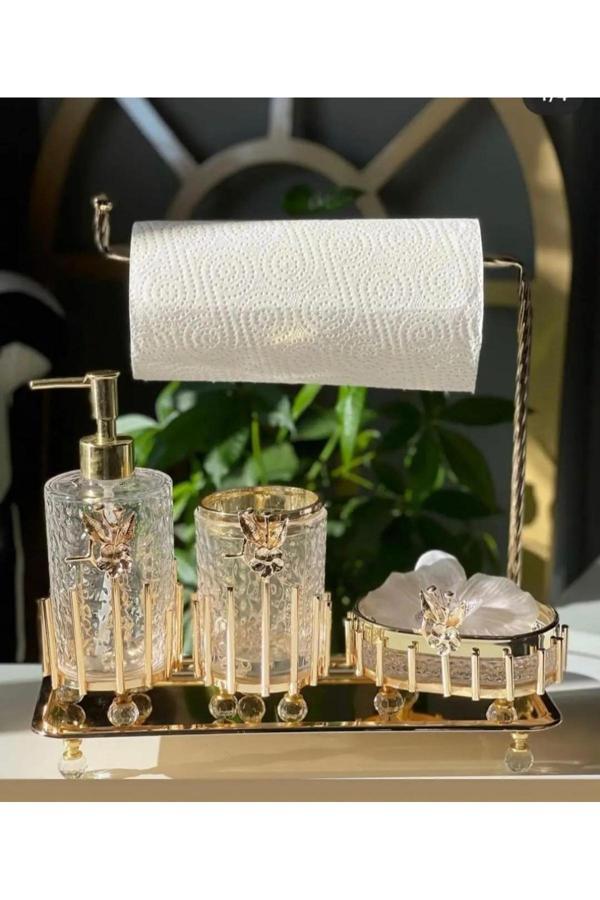 Azade Home Gold Pirinç Japongül Standlı Yuvarlak 4’Lü Mutfak - Image 1